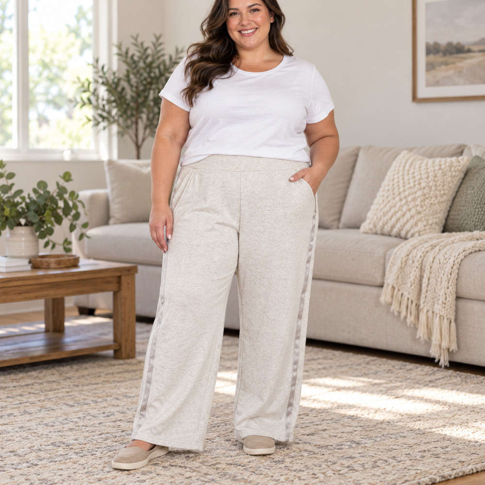 Avia Womens 3XL 22 Minky Pants Wheat Heather Wide Leg Side Stripe NWT Activewear